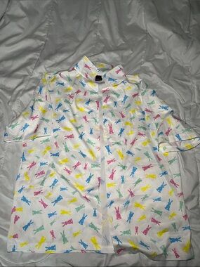 White Easter Short-Sleeve Button-Up Shirt with Pastel Bunny Print